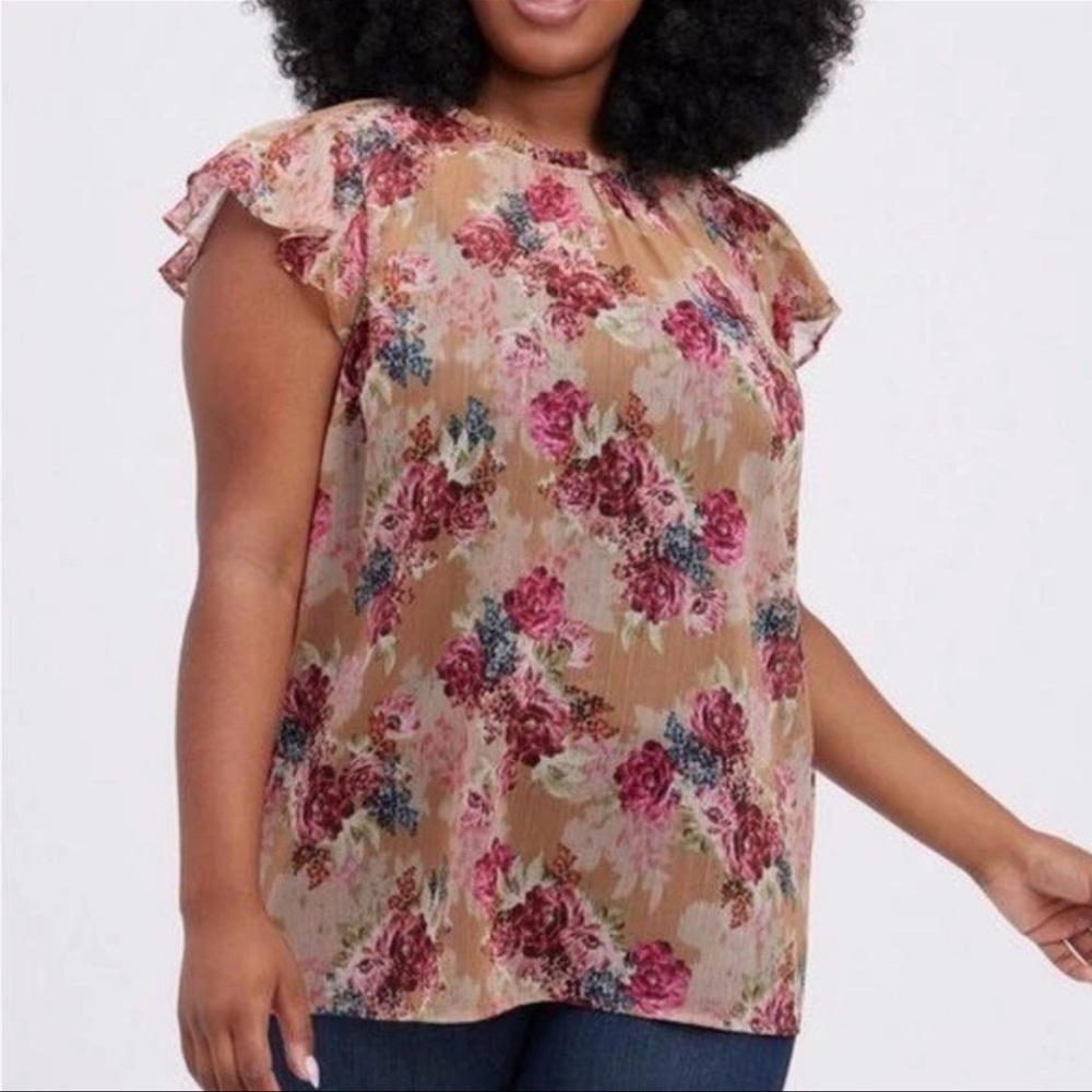 Torrid Floral Brown Semi Sheer Crinkle Chiffon Flutter Sleeve Blouse Size 3X